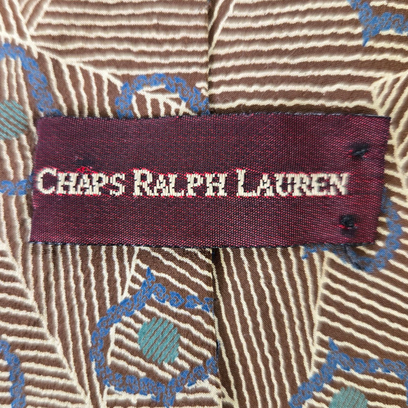 80s Vintage Chaps Ralph Lauren Geometric Brown Blue Made in USA Silk Neck Tie - Picture 5 of 6